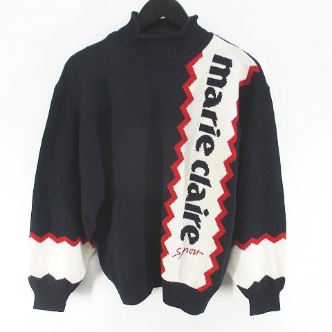 マリクレール MARIE CLAIRE ゴルフウェア 長袖 ニット セーター ハイネック M 紺系 ネイビー ロゴ 文字 刺繍 毛 ウール レディース拍卖