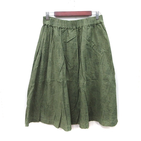 ネネット Ne-net フレアスカート ギャザー ロング 総柄 麻 リネン 2 M 緑 カーキ /YI レディース拍卖