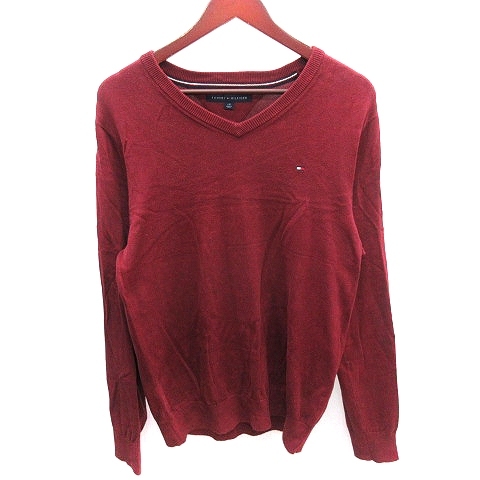 トミーヒルフィガー TOMMY HILFIGER ニット カットソー Vネック 刺繍 長袖 L ボルドー 赤 レッド /AU メンズ拍卖