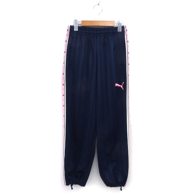 プーマ PUMA 国内正規品 スポーツウェア ジャージ パンツ ロゴプリント ドローストリング ストライプ S 紺 ネイビー ピンク /NT23 メンズ拍卖