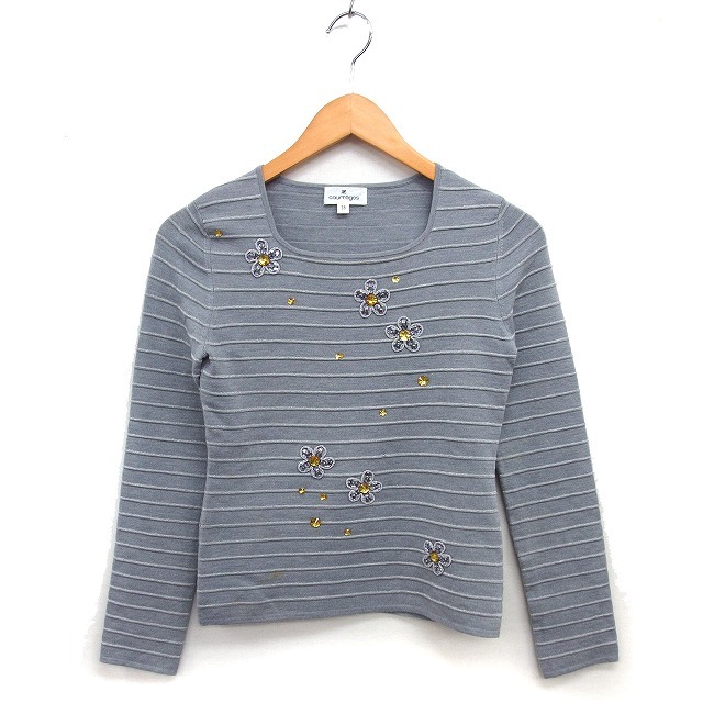 クレージュ courreges スクエアネック ニット カットソー ウール混 リブ ボーダー 長袖 38 グレー /NT34 レディース拍卖