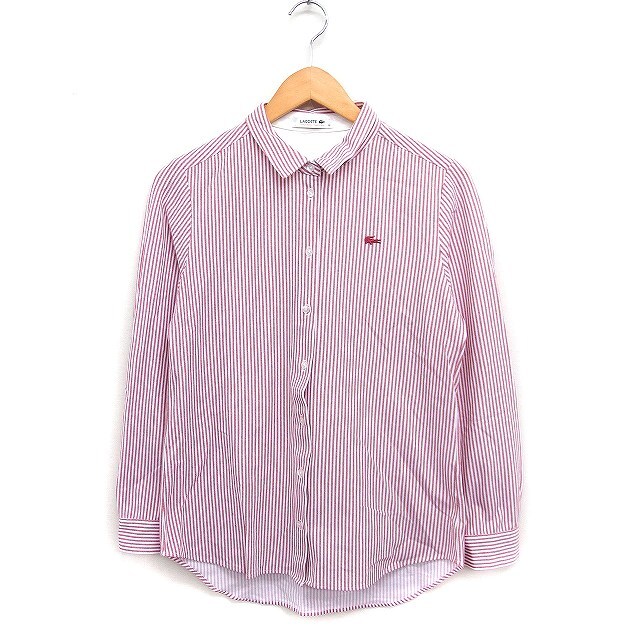 ラコステ LACOSTE 国内正規品 ストライプ シャツ 長袖 ロゴマーク刺繍 コットン 綿 38 レッド 赤 /FT19 レディース拍卖