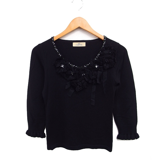 ビアッジョブルー Viaggio Blu モチーフ ニット セーター 7分袖 ウール 2 ブラック 黒 /FT24 レディース拍卖