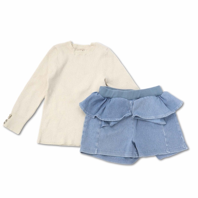 プティマイン petit main ナルミヤ スカラップ リブニット フリル デニムショートパンツ まとめ 110 キッズ拍卖
