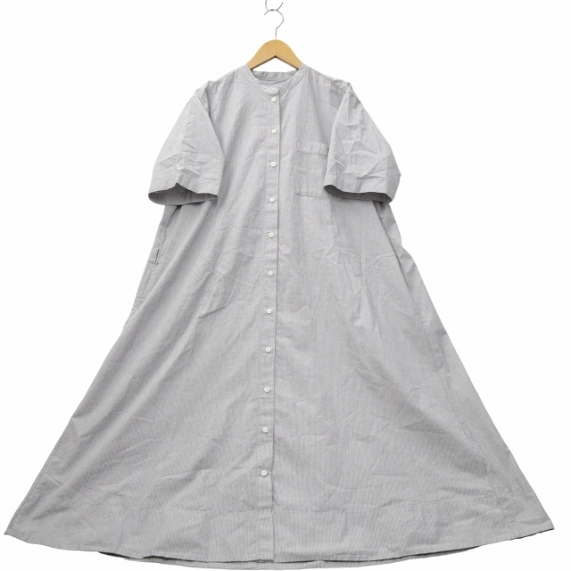 無印良品 良品計画 ストライプ ボタンアップ コットン ロングワンピース L GRAY グレー レディース拍卖