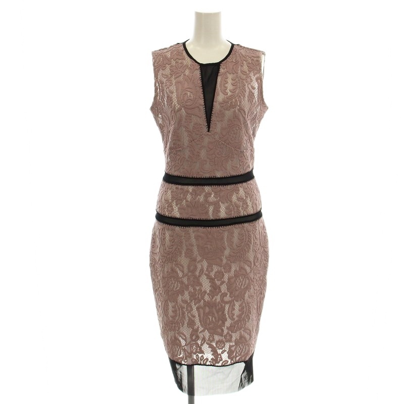 ジャストカヴァリ JUST cavalli シースルーレース ワンピース ノースリーブ ひざ丈 花柄 40 ピンク 黒拍卖