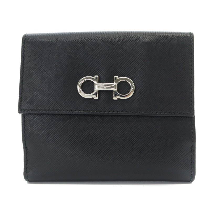 サルヴァトーレフェラガモ Salvatore Ferragamo 二つ折り財布 ウォレット ガンチーニ Wホック レザー ロゴ 黒 ブラック /KW レディース拍卖