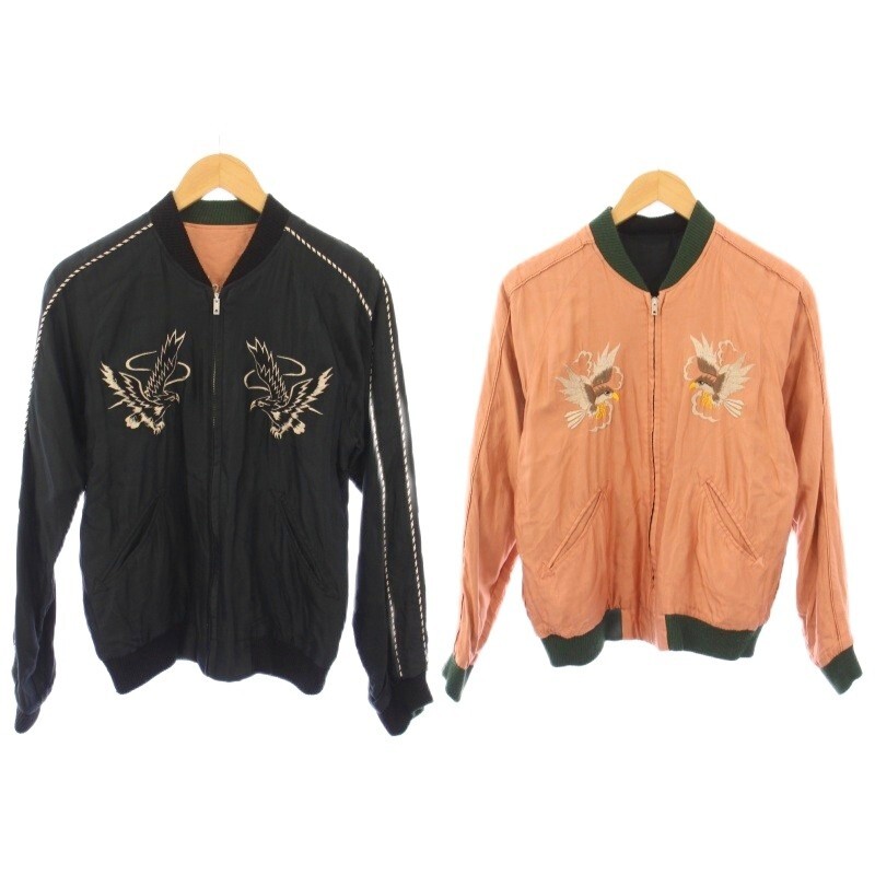 テーラートーヨー TAILOR TOYO 東洋 リバーシブルサテンスカジャン ブルゾン ジャケット アウター ショート丈 刺繍 ウール混 黒 ピンク拍卖