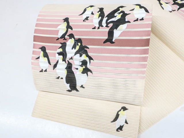《古美術京松》リサイクル着物 オリジナル 八寸名古屋帯 夏物 夏 お太鼓柄 開き仕立て ペンギン 正絹 r7b09-150拍卖