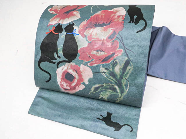 《古美術京松》リサイクル着物 オリジナル 九寸名古屋帯 お太鼓柄 猫 花 正絹 r7b09-143拍卖