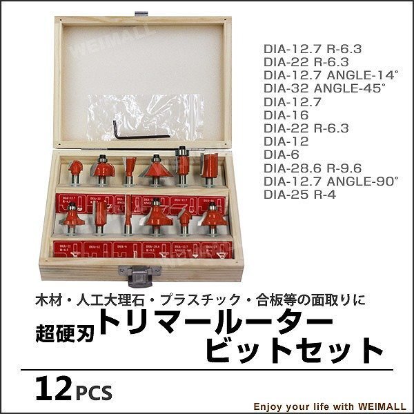 新品 トリマールーター ビット 12PCS セット 超硬チップ 研磨 面取り 木工 DIY 大工 木材 削り出し 形成 V溝 U溝 ヒョータン面 目地払い拍卖