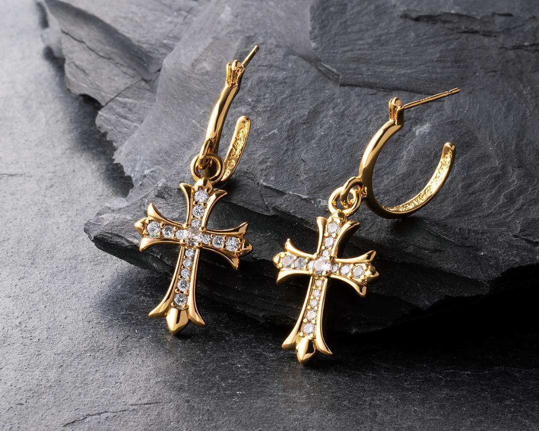 シルバー925 ゴールド クロス フープピアス タイニークロス ピアス 35拍卖