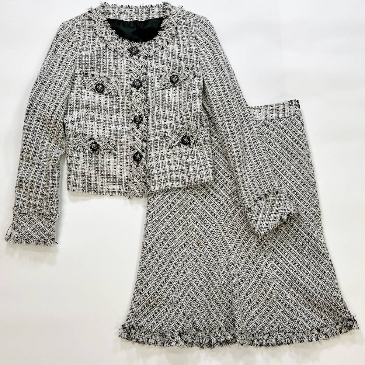 フォーマル セットアップ ツイード ノーカラー スーツ 黒 白 フリンジ おしゃれ ジャケットM スカートL レディース ミセス 素敵 ☆355y拍卖