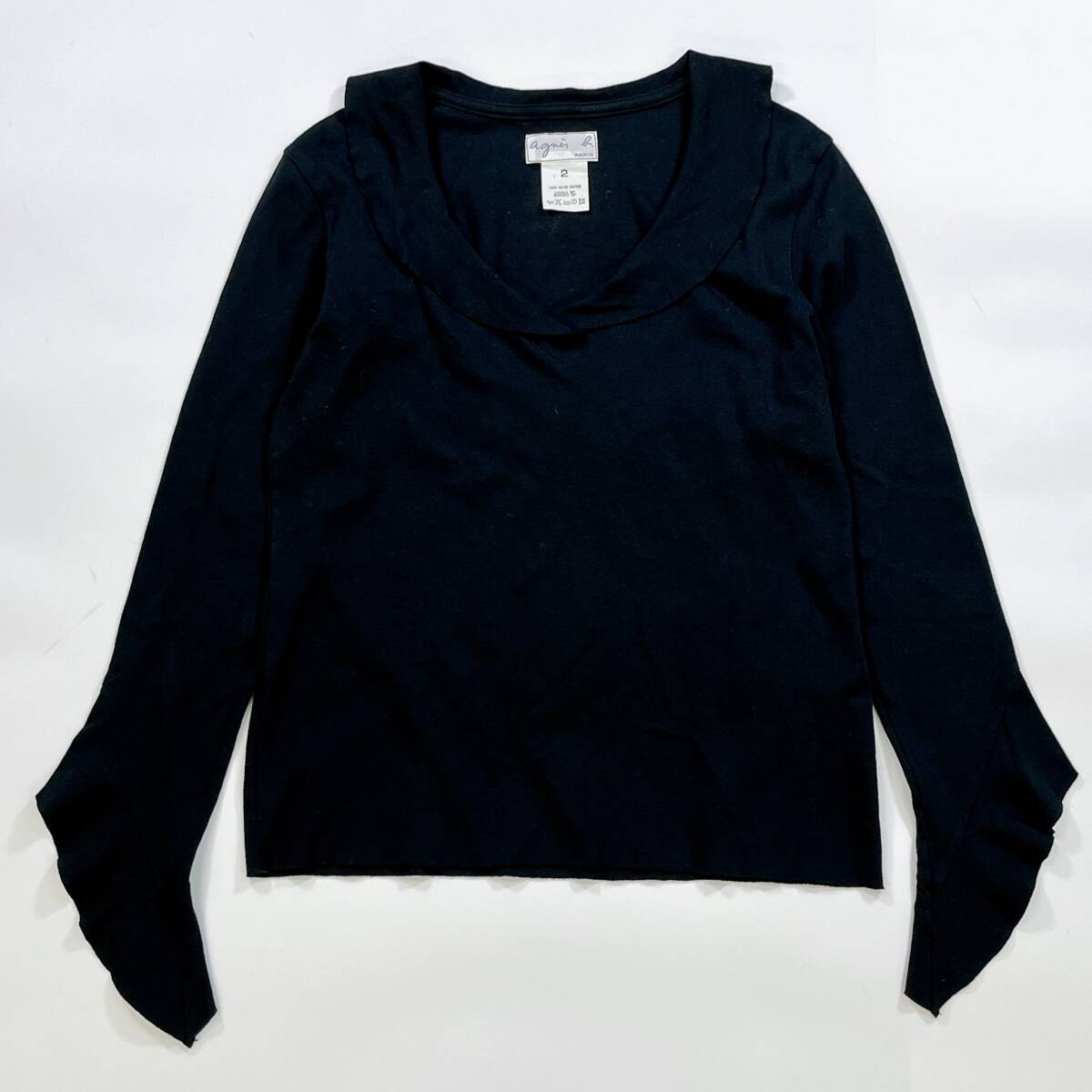 agnes b. アニエスベー 長袖 コットンシャツ トップス 2 M おしゃれ ブラック 薄手 大人可愛い レディース 襟付き ☆680y拍卖