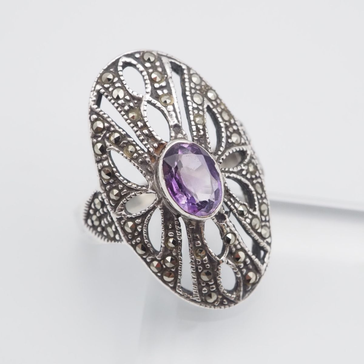 C836 アメジスト マーカサイト マルカジット リング 透かし彫り デザイン シルバー 指輪 ヴィンテージ 2月誕生石 11号拍卖