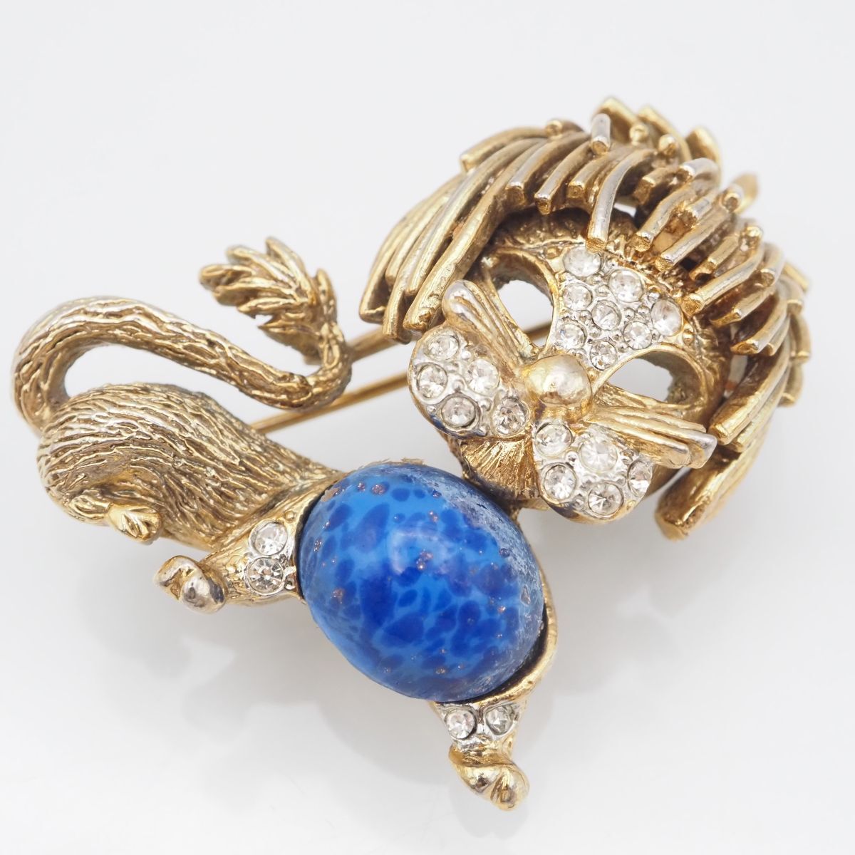 F482 CRAFT クラフト ブローチ 猫 キャット ラピスラズリ風 ラインストーン ゴールド デザイン拍卖