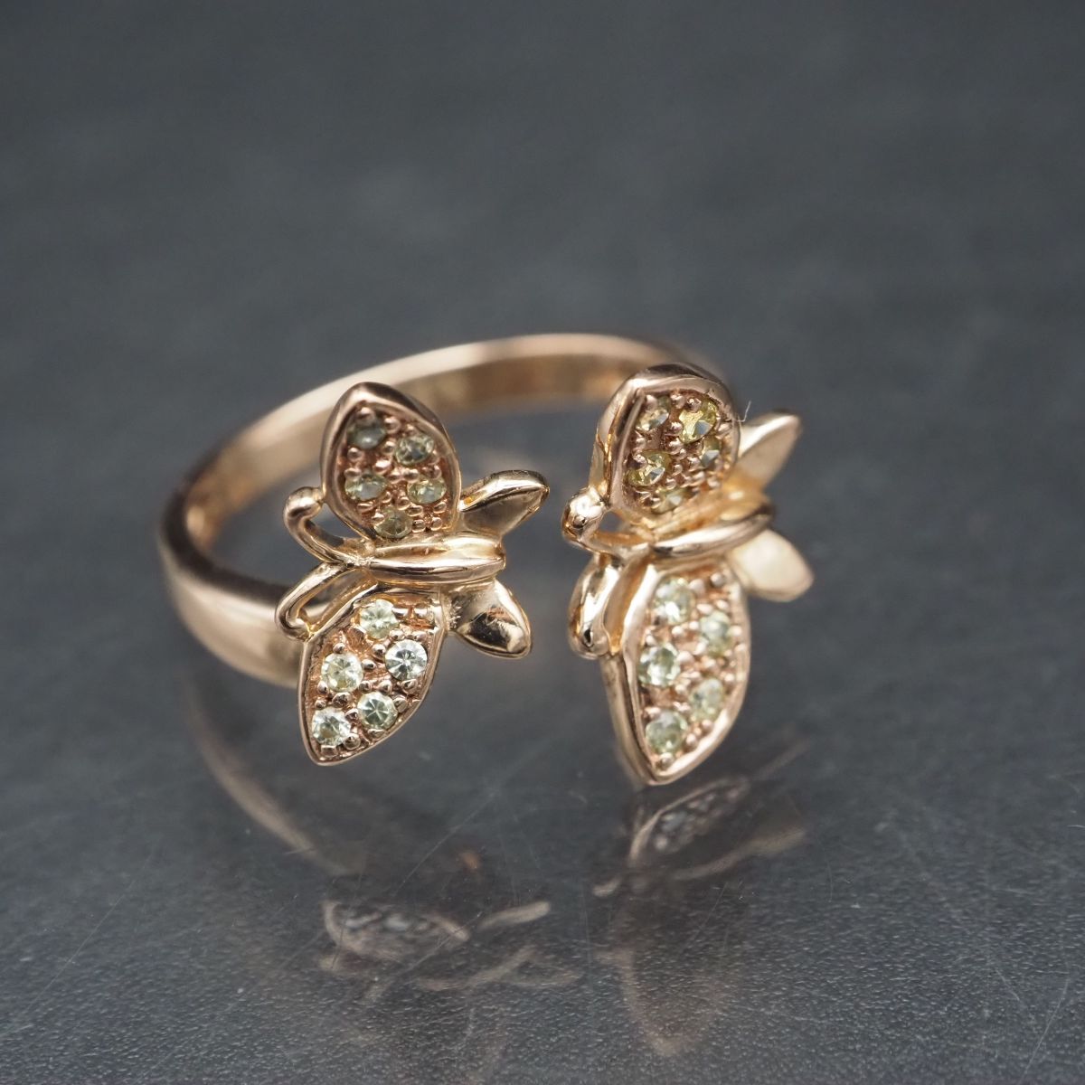 F176 キュービックジルコニア CZ 925刻印 リング 蝶 バタフライ ゴールド デザイン シルバー 指輪 14号拍卖