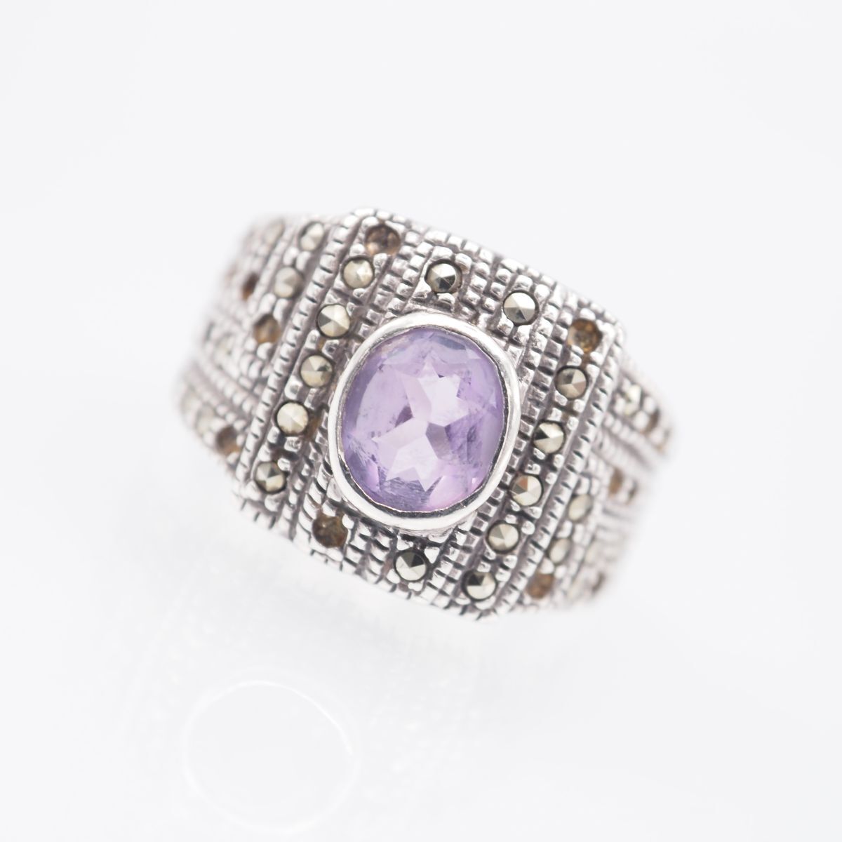 F700 アメジスト マーカサイト SILVER刻印 リング マルカジット デザイン シルバー 指輪 ヴィンテージ 2月誕生石 12号拍卖