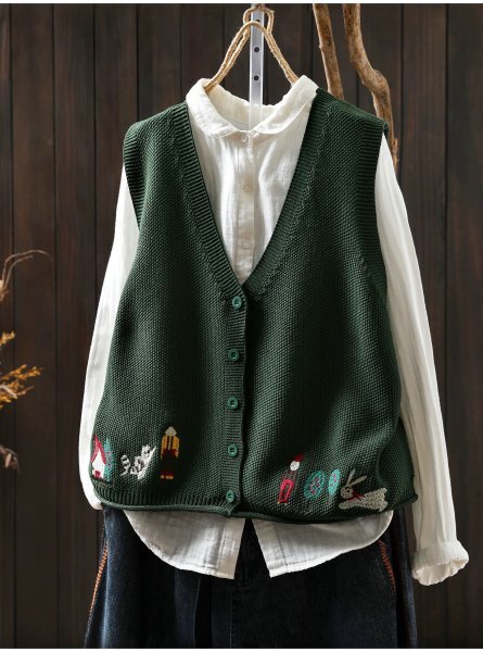 yh 2509 ベスト 刺柄 ニット セーター 綿100% チュニック トップス ゆったり フリーサイズ ナチュラル カラー7拍卖