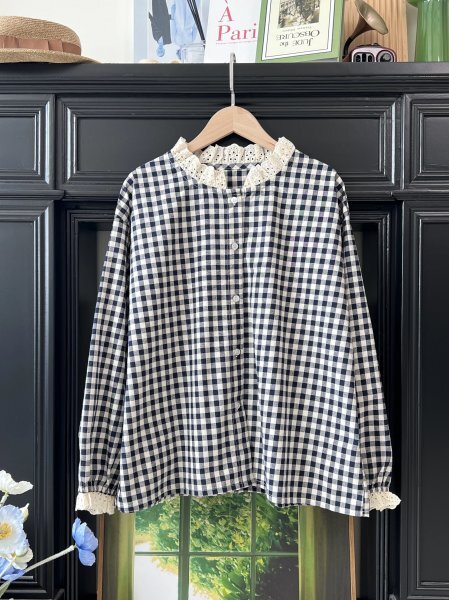 ns 2509 チェック柄 白いレース襟 チュニック トップス ワイシャツ 綿100% ゆったり フリーサイズ ナチュラル拍卖