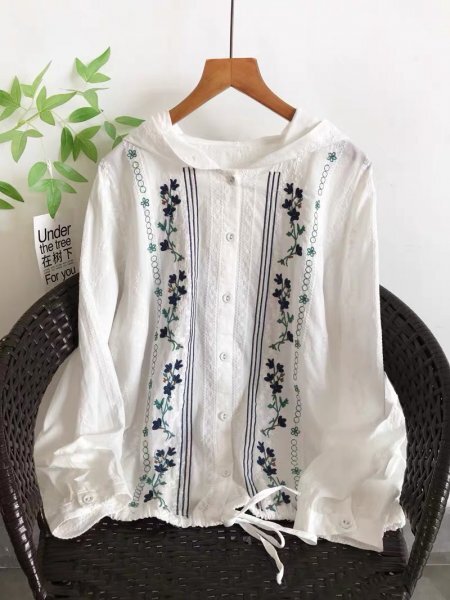 sg 2509 フードジャンーパー トップス チュニック ワイシャツ 綿100% ゆったり オシャレ フリーサイズ ナチュラル 前開け 全刺花柄7拍卖