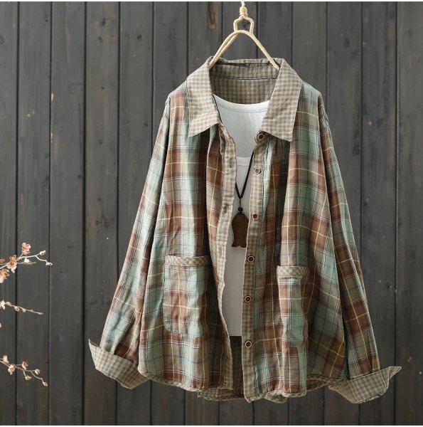 zy カーディガン ゆったり フリーサイズ ワイシャツ チュニック トップス 綿100% 大人可愛 チェック柄3拍卖