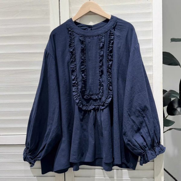 jn 2509 チュニック トップス ワイシャツ 綿100% ゆったり フリーサイズ ナチュラル ギャザー ネイビー拍卖