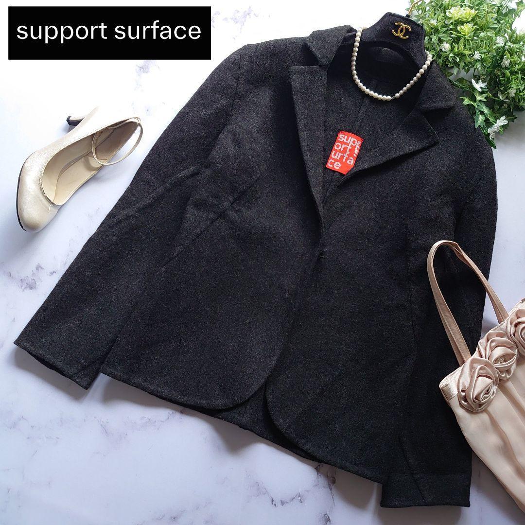 カシミヤ support surface サポートサーフェス テーラードジャケット 比翼 タック 長袖 ダークグレー サイズS コート アウター イタリア製拍卖