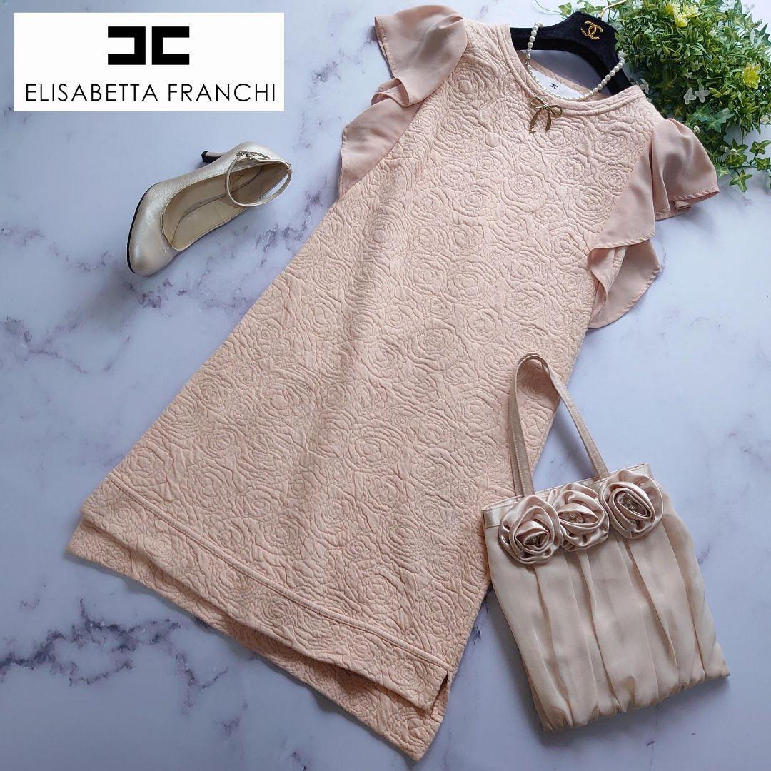 ELISABETTA FRANCHI エリザベッタフランキ ワンピース リボン ロゴ 花柄 フラワー 半袖 フリル フレア ピンクベージュ 38 M ドレス拍卖