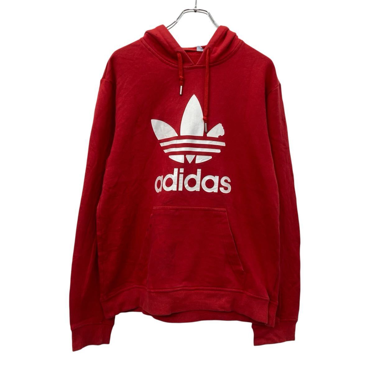 adidas プリントスウェット パーカー M レッド ホワイト アディダス プルオーバー ビックプリント 古着卸 アメリカ仕入 a709-6218拍卖