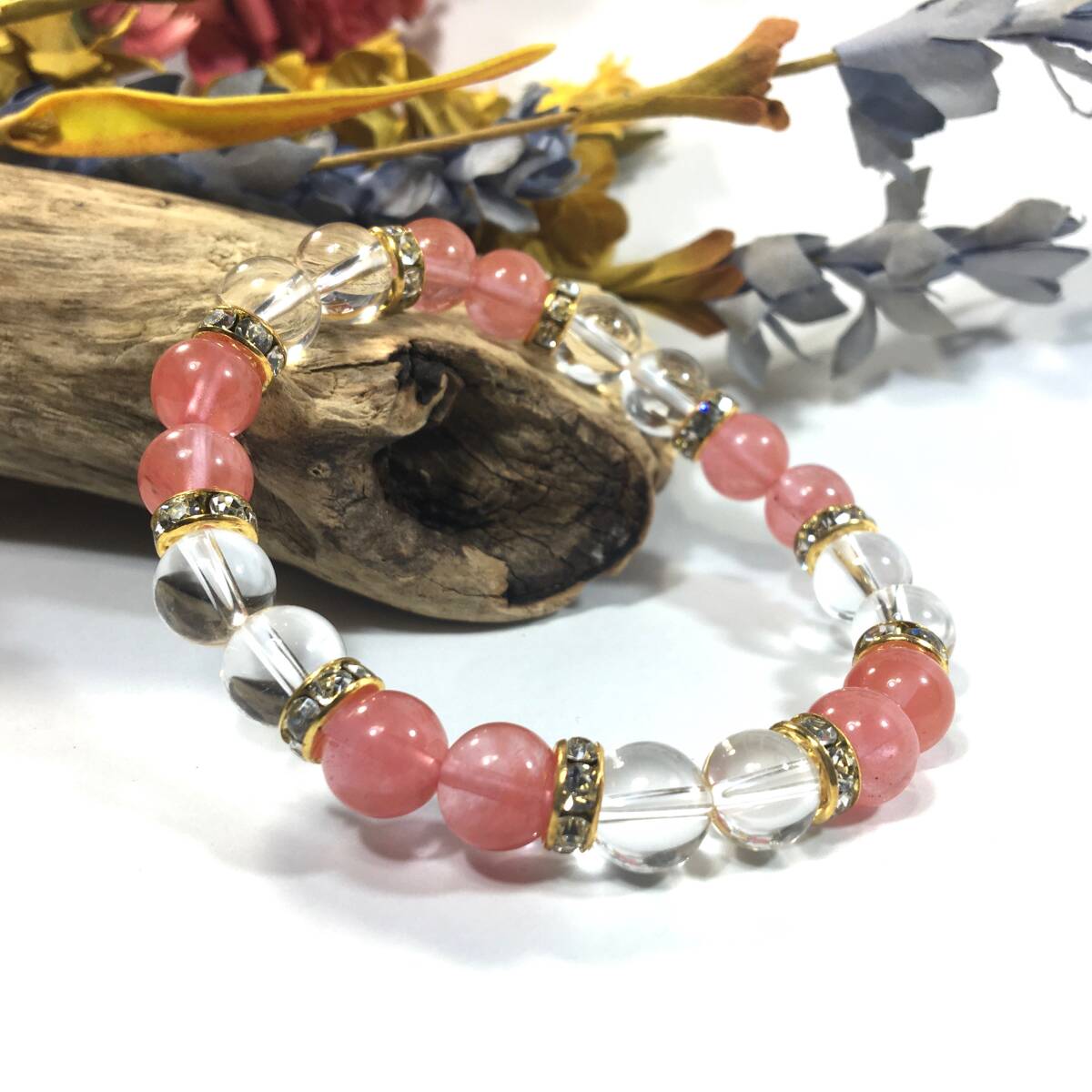 チェリークォーツ&水晶 パワーストーン ブレスレット 天然石ブレス ゴールド 8mm /開運 浄化 4月 誕生石 クリスタル レディース拍卖