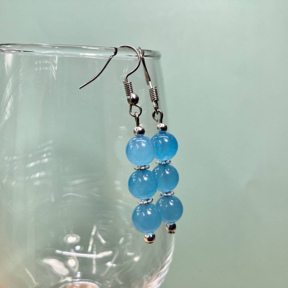 シーブルージェイド ピアス フックピアス 8mm (シルバー) イヤリング、樹脂フック変更可 樹脂ピアス シンプル ハンドメイド拍卖