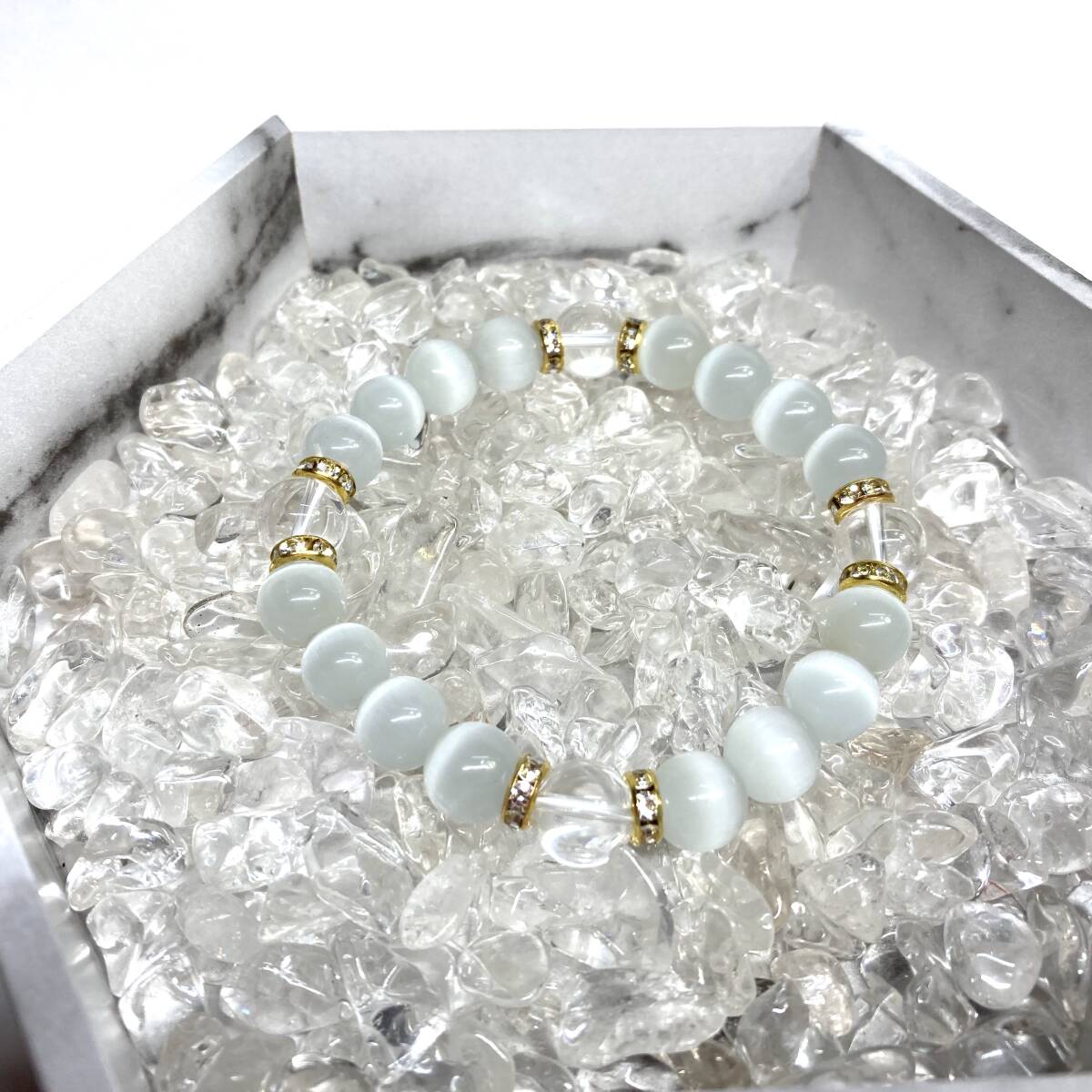 キャッツアイ(ホワイト)×水晶 パワーストーン ブレスレット (ゴールド) 10mm 数珠ブレス メンズ・レディース 男性 女性 幸運 開運 浄化拍卖