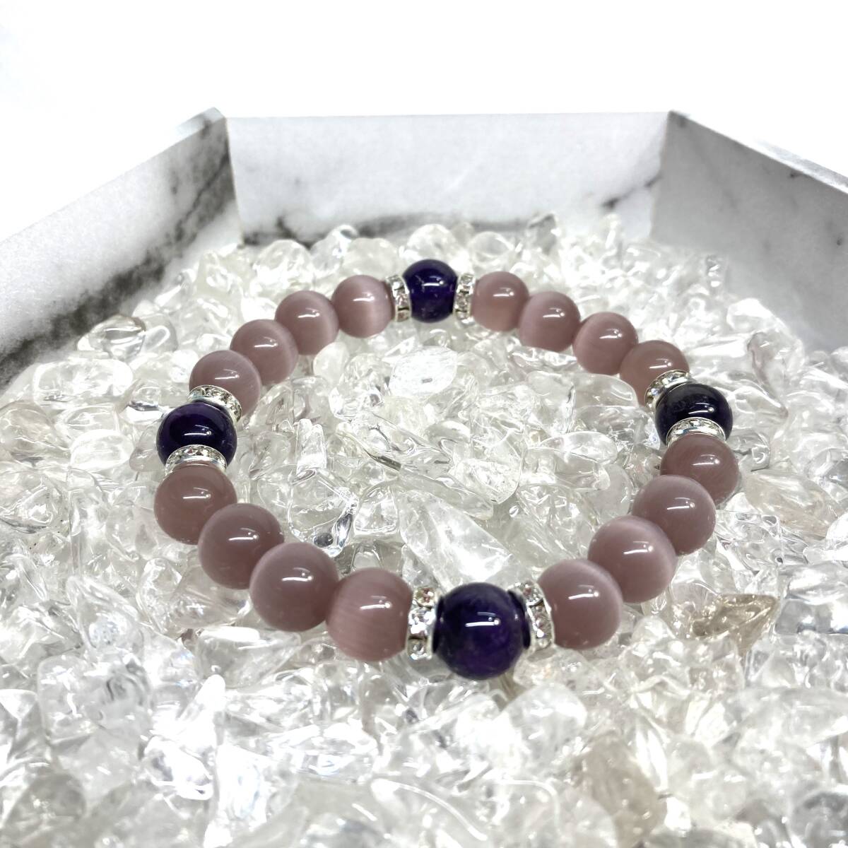 キャッツアイ(ライトパープル)×アメジスト パワーストーン ブレスレット (シルバー) 10mm 数珠ブレス メンズ・レディース 男性 女性拍卖