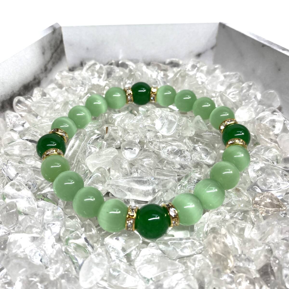 キャッツアイ(ライトグリーン)×緑瑪瑙 パワーストーン ブレスレット (ゴールド) 10mm 数珠ブレス メンズ・レディース 男性 女性拍卖