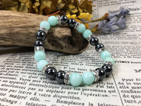 ジェイド(ブルーグリーン)×ヘマタイト パワーストーン ブレスレット(シルバー)レディース 女性 開運 数珠 お守りプレゼント ギフト拍卖