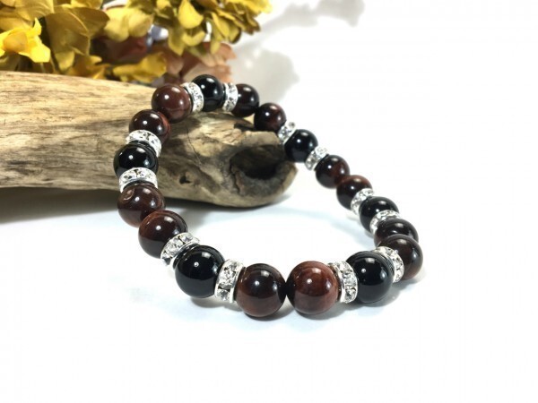 レッドタイガーアイ×オニキス パワーストーン ブレスレット 天然石ブレス 10mm (ロンデル:シルバー) メンズ・レディース 浄化済み 拍卖