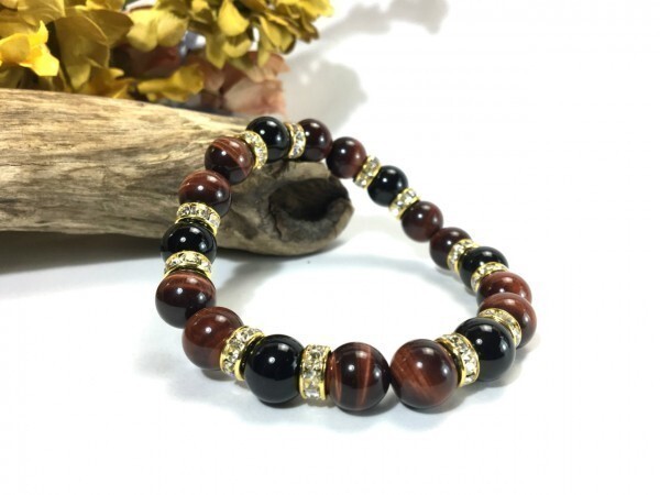 レッドタイガーアイ×オニキス パワーストーン ブレスレット 天然石ブレス 10mm (ロンデル:ゴールド) メンズ・レディース 浄化済み 拍卖