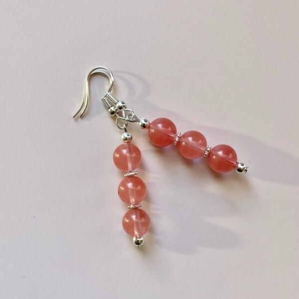 チェリークォーツ ピアス フックピアス 8mm (シルバー) イヤリング、樹脂フック変更可 樹脂ピアス シンプル ハンドメイド拍卖