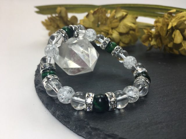 グリーンタイガーアイ&水晶&クラック水晶 パワーストーン ブレスレット 天然石ブレス (シルバー) 幸運 4月 誕生石 クリスタル レディース拍卖