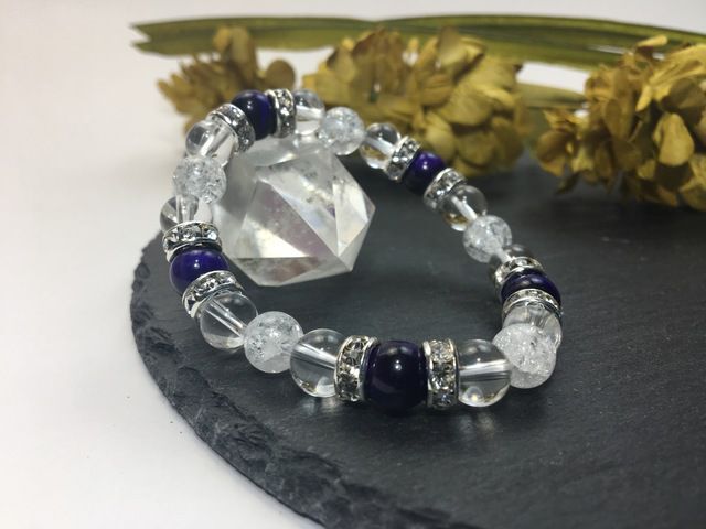 パープルタイガーアイ&水晶&クラック水晶 パワーストーン ブレスレット 天然石ブレス (シルバー) 幸運 4月 誕生石 クリスタル レディース拍卖