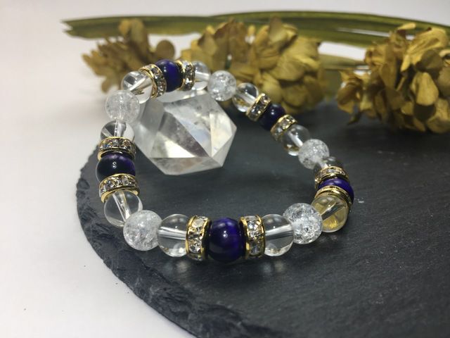 パープルタイガーアイ&水晶&クラック水晶 パワーストーン ブレスレット 天然石ブレス (ゴールド) 幸運 4月 誕生石 クリスタル レディース拍卖