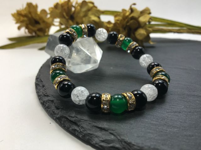 緑瑪瑙&オニキス&クラック水晶 パワーストーン ブレスレット 天然石ブレス (ゴールド) お守り 魔除け レディース ブラック 黒拍卖