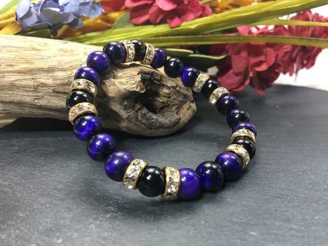 パープルタイガーアイ&オニキス パワーストーン ブレスレット 天然石ブレス (ゴールド) 開運 金運 仕事運 効果 レディース 青色 ブルー拍卖