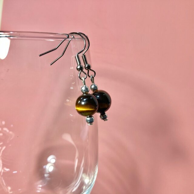 タイガーアイ ピアス 一粒フックピアス 10mm (シルバー) イヤリング、樹脂フック変更可 樹脂ピアス シンプル パワーストーン 天然石拍卖