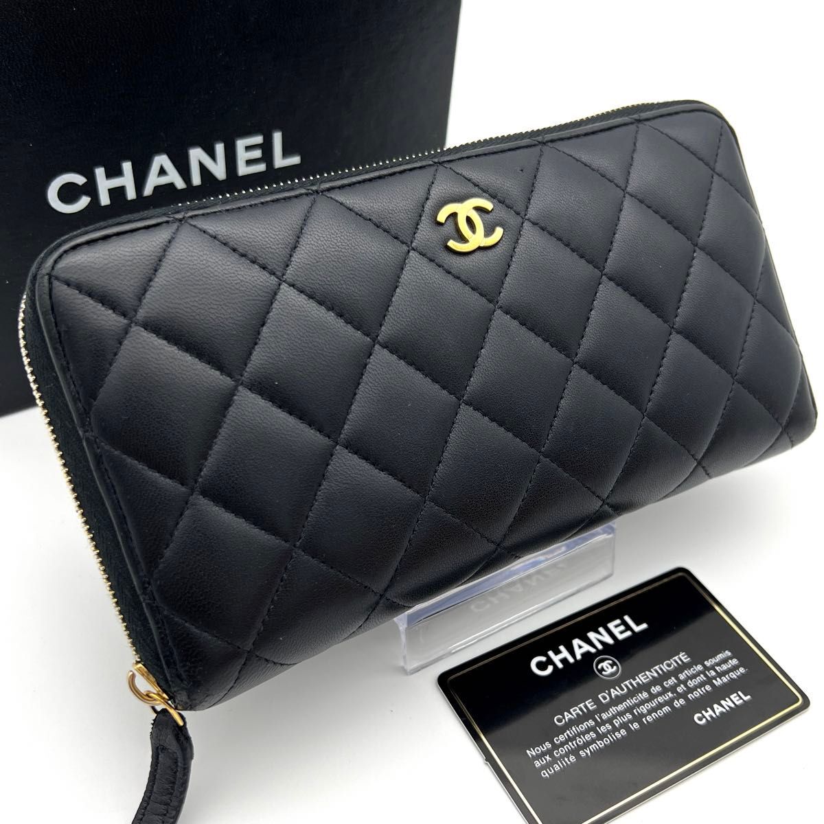 CHANEL シャネル ラムスキン マトラッセ ラウンドジップ ブラック(黒) ゴールド金具 長財布 A472拍卖