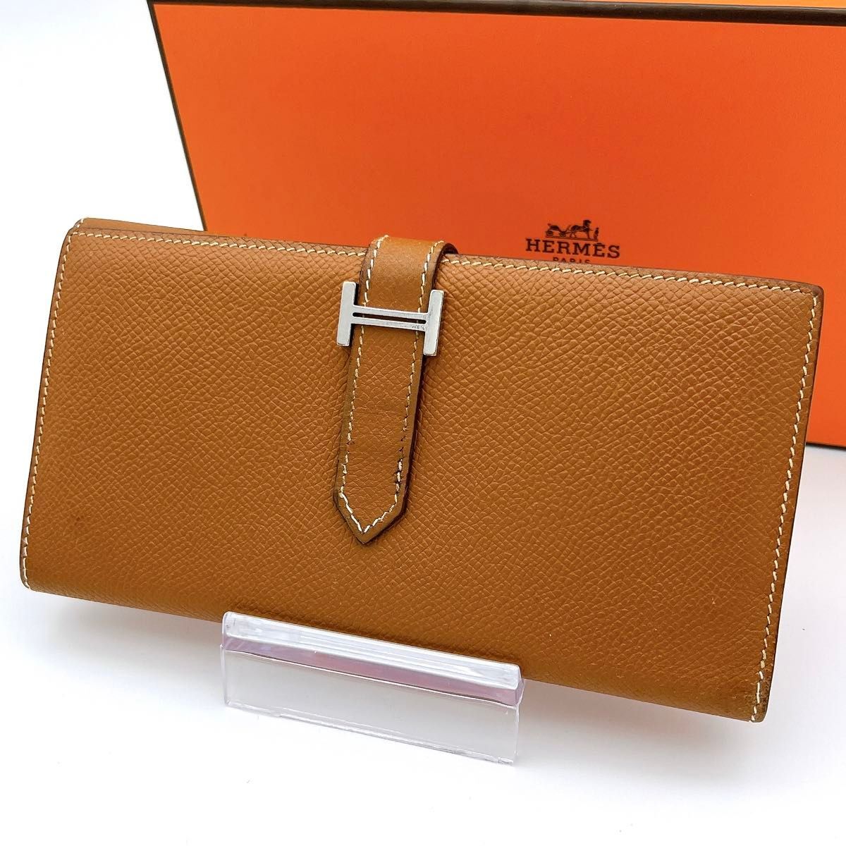 HERMES エルメス ベアン デュプリ 2PLIS ブラウン 長財布 シルバー金具 A441拍卖