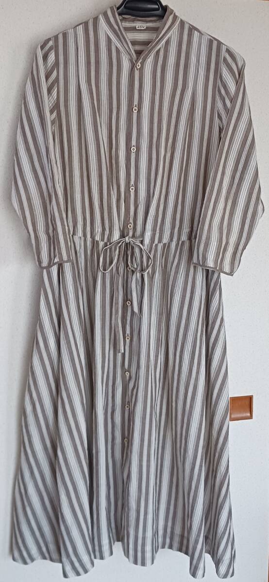 美品 45R 45rpm フォーティファイブアール ストライプ シャツ ブラウス ワンピース ブラウン拍卖