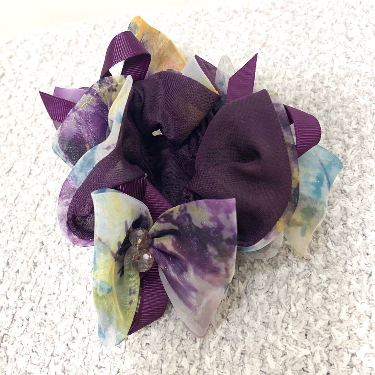 ヘアゴム シュシュ 綺麗 結婚式 二次会 卒業式 入学式 パープル リボン拍卖