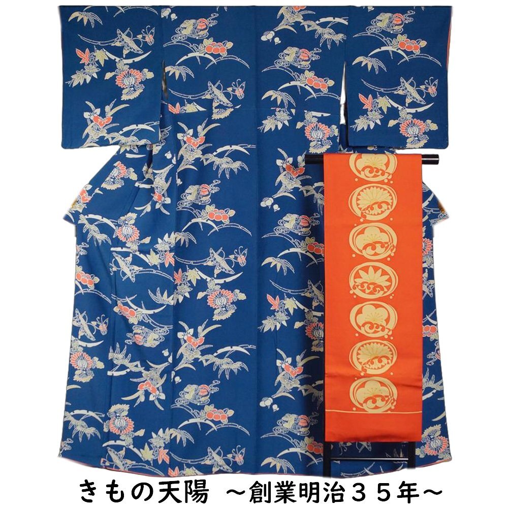 着物セット 小紋・塩瀬 名古屋帯 2点 セット 花鳥・露芝模様 Mサイズ 型染め 中古 リサイクル小紋 リサイクル着物 天陽拍卖